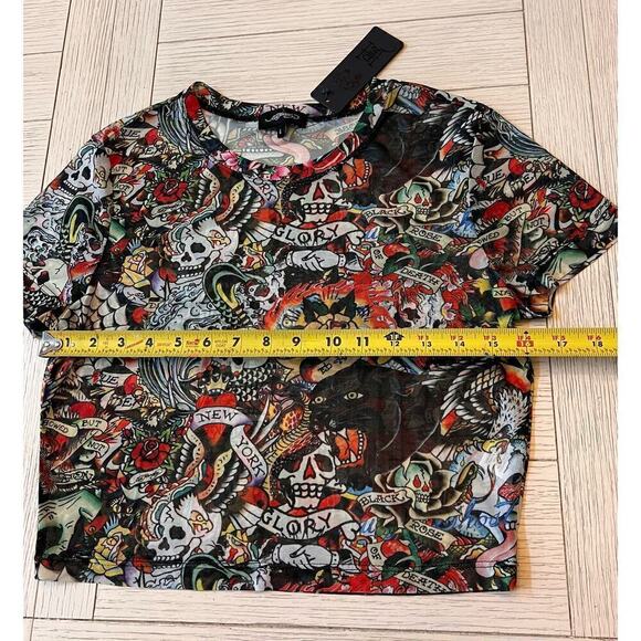 Ed Hardy NWT‎ sheer tattoo crop black & red short sleeve poly, rayon top. Sz L. - Picture 4 of 7
